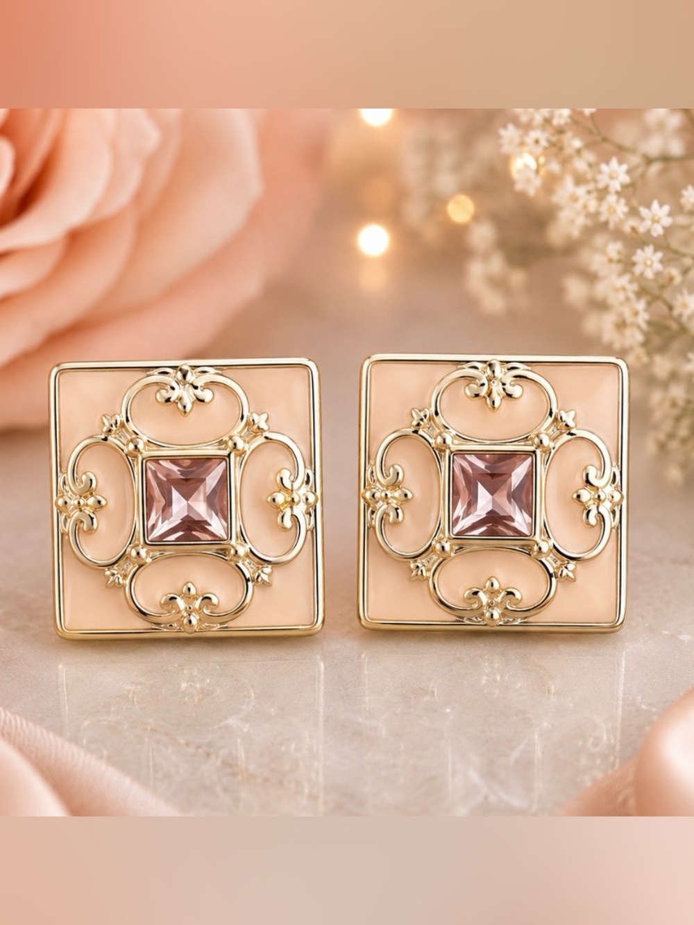Square Pink Enamel and Silver Filigree Dots compatible with Style Dots Jewelry